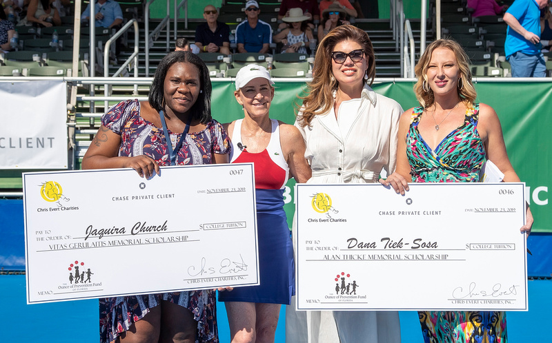 Tennis legend Chris Evert and Tanya Thicke, widow of late actor Alan Thicke, award the Alan Thicke Memorial Scholarship to Dana Tiek-Sosa (far right) of Port Charlotte. Also pictured is Jaquira Church of Orlando.